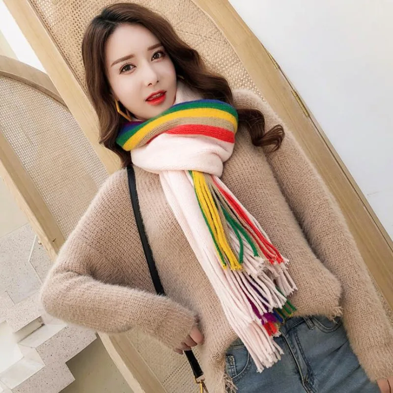 Широкий Радужный шарф женский зимний теплый вязаный кашемировый в полоску