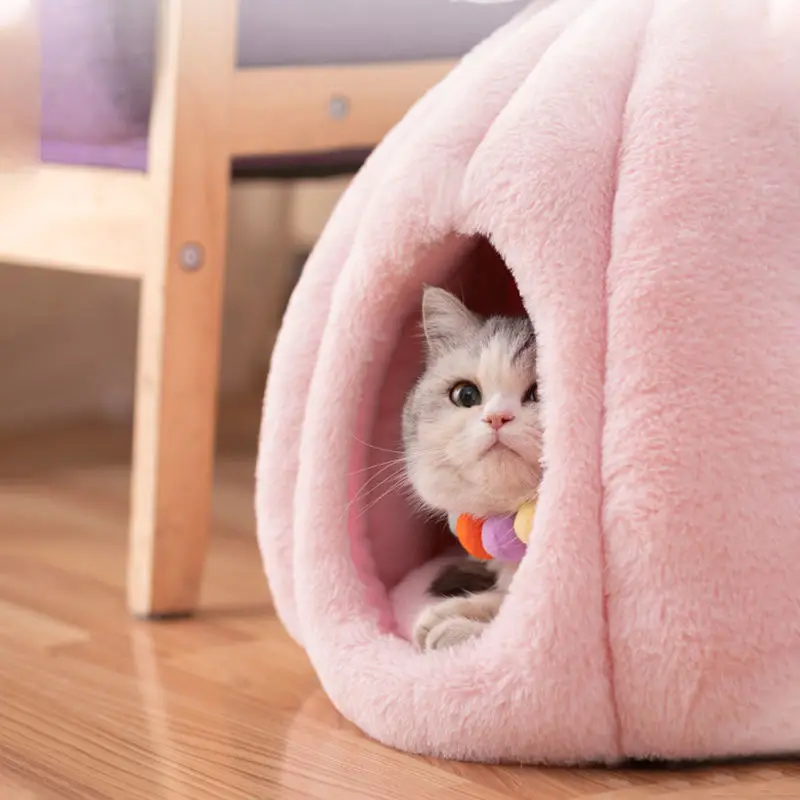 Perrera en forma de calabaza para gato, alfombra c&aacute;lida para gato, coj&iacute;n extra&iacute;ble y lavable, manta para gato, suministros para cama, yurta-2