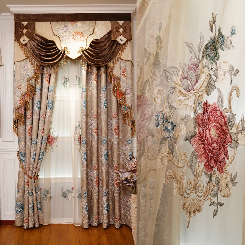 

Classic 3D luxury villa thickened full blackout bedroom curtains high quality brown jacquard living room decorative curtains