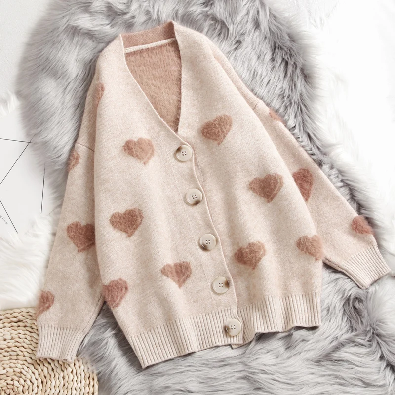 Kawaii Heart Sweater Women Autumn Winter V Neck Solid Color Button Knitted Cardigan Korean Vogue Loose Blue Warm Soft Femme Coat |