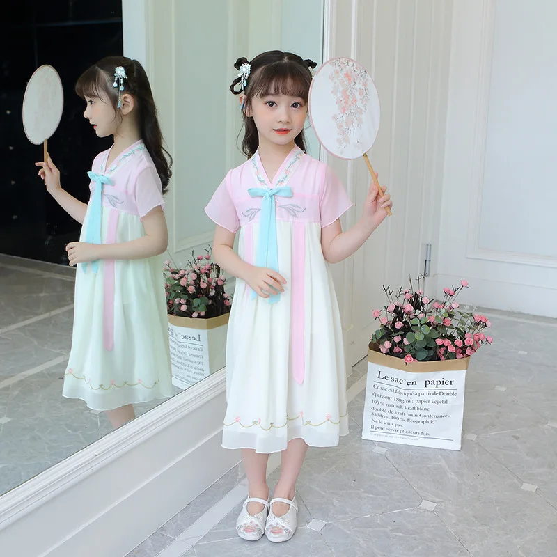 Hanfu /Новинка 2020 г . Летнее Детское винтажное платье с вышитыми цветами Шифоновое
