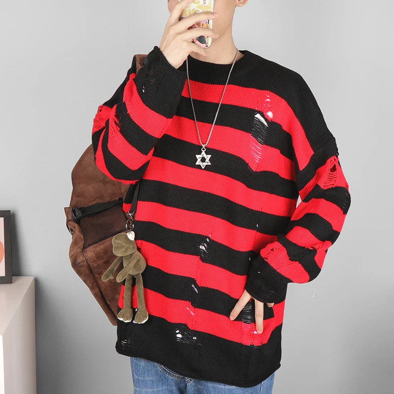 Black Striped Sweater Ripped Sweater Men Pullover Hollow Out Hole Knit Jumpers Punk Unisex Loose Oversized Pullovers Streetwear images - 6
