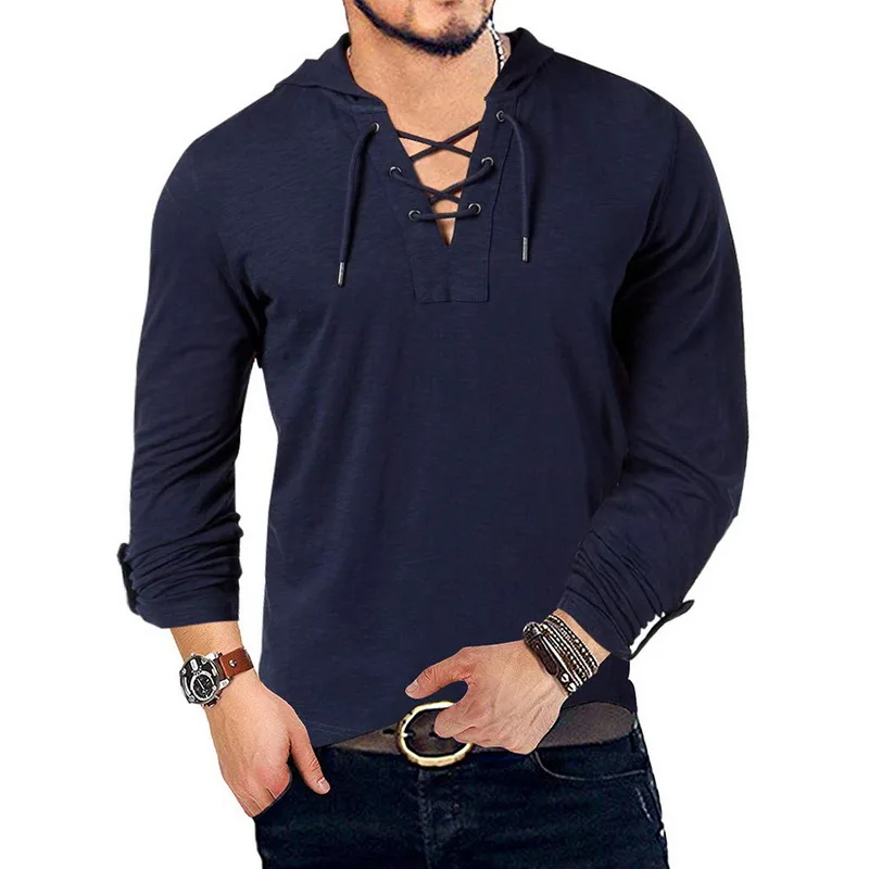 

Men Hooded Tee Shirts Long Sleeve Fashion Cotton Henley T-Shirt Medieval Lace Up V Neck Outdoor Tops Loose Casual Solid Shirts