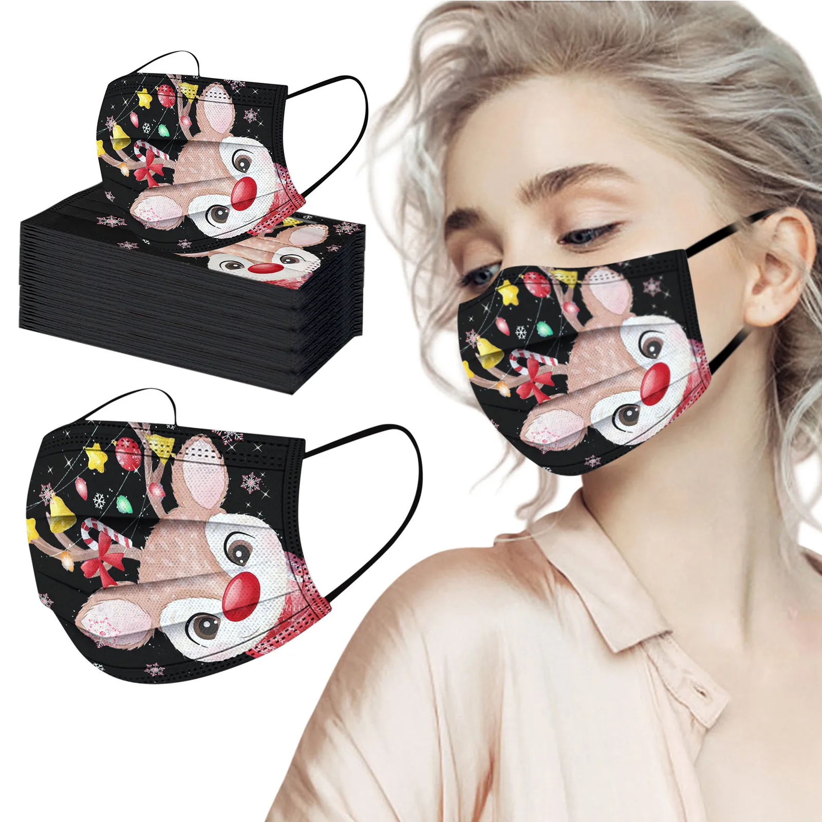 

50pc Christmas Face Masks For Women Adult Cute Elk Design Disposable Mask 3ply Fabric Filter Dustproof Mask Cover Decoration