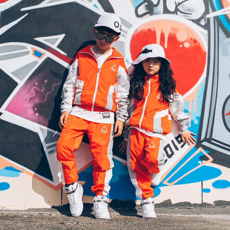 Детская одежда в стиле хип-хоп Оранжевая Куртка для мальчиков штаны девочек