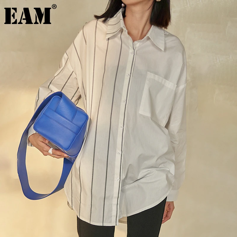 

[EAM] Women White Striped Spliced Big Size Blouse New Lapel Long Sleeve Loose Fit Shirt Fashion Tide Spring Autumn 2022 1DE3484