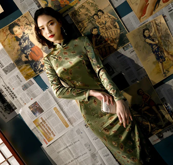 SHENG COCO Chinese китайские платья с длинными рукавами Cheongsam Qipao велюровое позолоченное платье в китайском стиле в стиле ретро женское платье с хвостом павлина Chipao