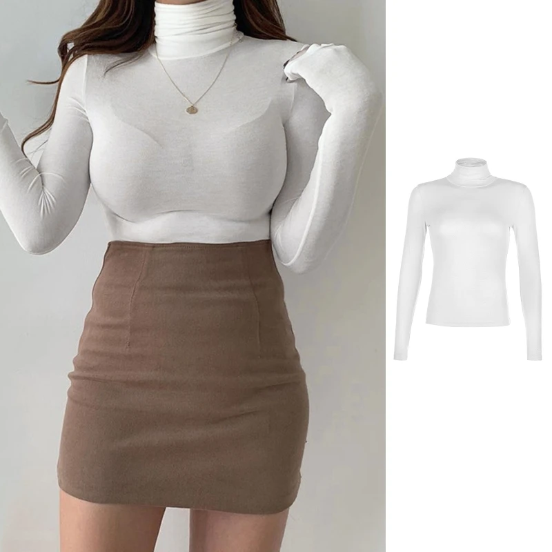 

Women Autumn Long Sleeve Turtleneck T-Shirt Simple Solid Color Korean Basic Pullover Tops Bodycon Stretch Streetwear