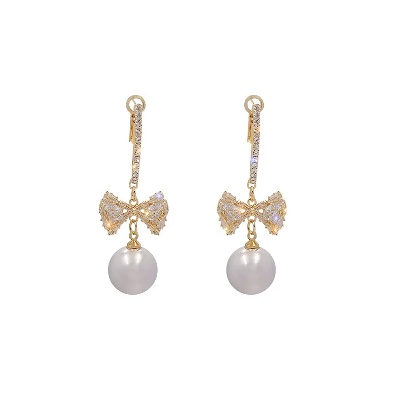 

2021 New Fresh Shiny Crystal Bowknot Modelling Senior Drop Earrings Elegant Temperament Joker Fine Pearl Women Earrings Jewelry