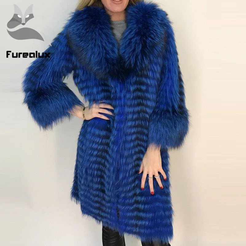 Новинка стильное пальто с натуральным синим лисьим мехом и большим воротником
