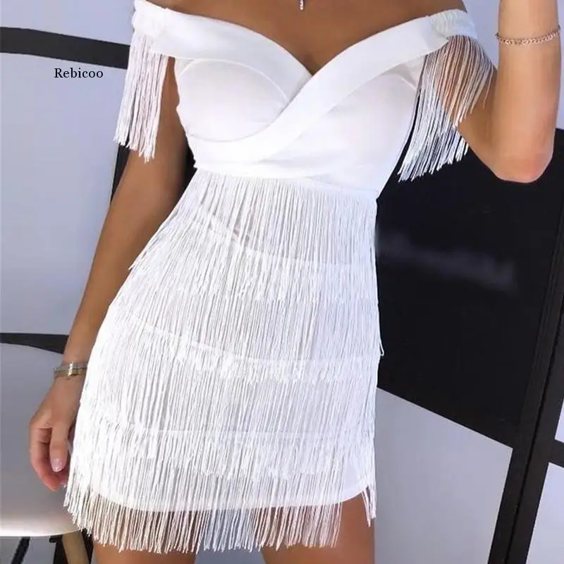 

Sexy Sleeveless Bodycon Mini Dress Women White Off Shoulder Tassel Female Short Dresses 2020 Summer Party Club Bandage Vestidos