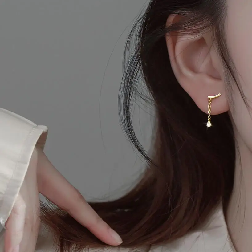 

Real 925 Sterling Silver Dainty Prevent Allergy Stud Earrings Zircon Smiling Face Water Drop Asymmetric Earrings For Women
