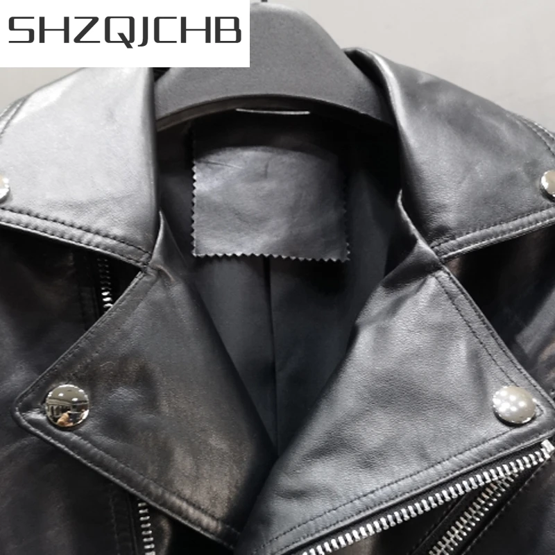 

JCHB 2021 New Motorcycle Female Sheepskin Leather Jacket Women Short Zippers Punk Genuine Leather Jacket Rock Stage Outerwear C