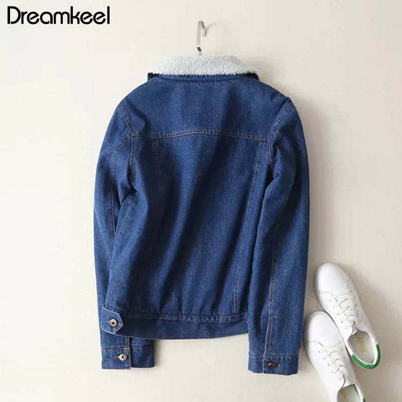 Женское джинсовое пальто из овечьей шерсти теплое с длинными рукавами и 4