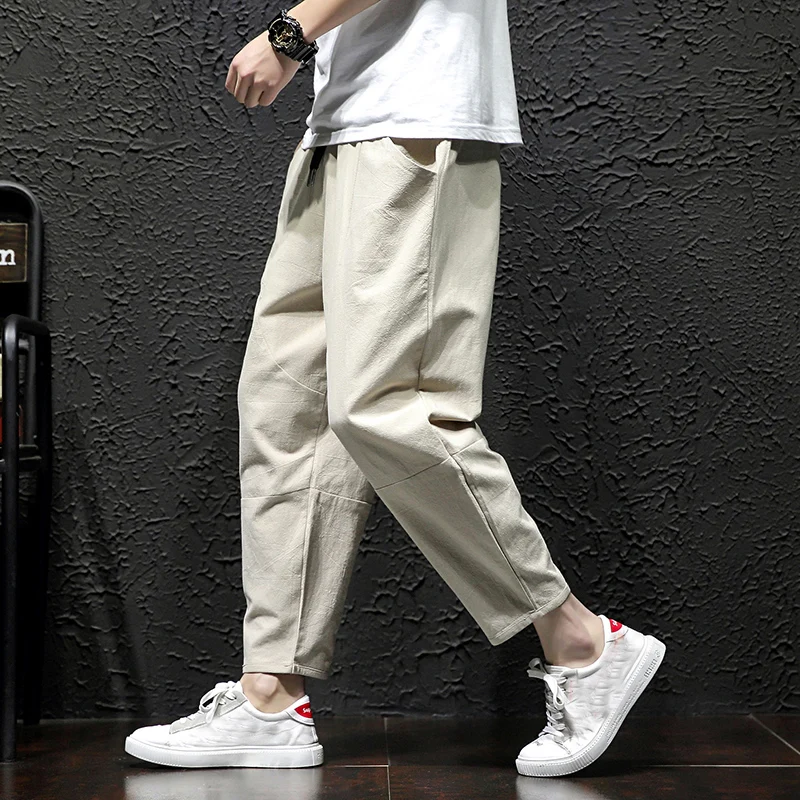 Mens Straight Casual Ankle-Length Pants Chinese Style Summer Male Harem Spring Mens Cargo Cotton Comfortable Solid P