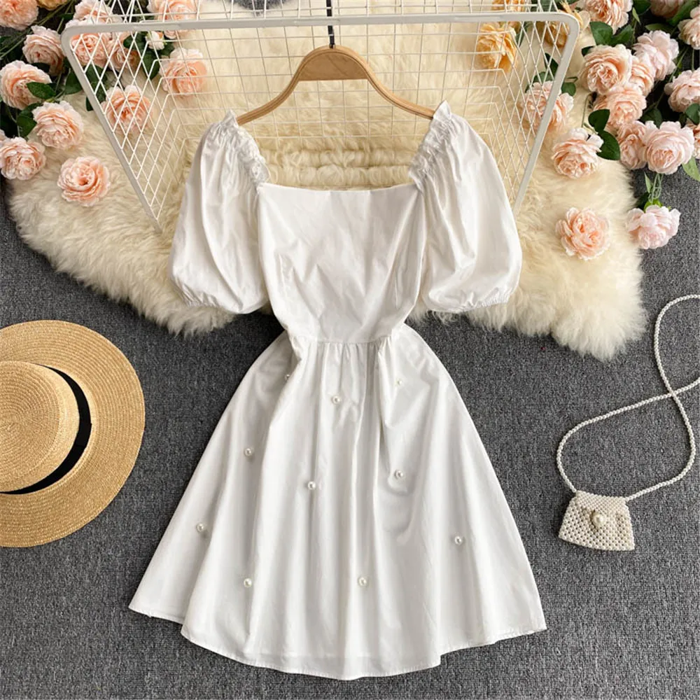

Women Beaded White Summer Dress 2021 French Sweet Girl Puff Sleeve Elegant Dresses Casual High Waist Sundress Female Clothing
