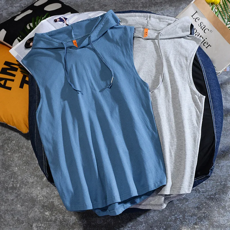 

New Hooded Tank Tops Loose Casual Spring Summer Cotton Solid Color Sleeveless T-Shirt Waistcoat Sports Vest for Men Boy Student