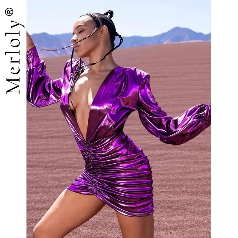 

Women's Full Flared Sleeve Stacked Folds Bodycon Warp Hip Dresses Shiny Faux Leather Sexy Deep V-neck Mini Dress Party Clubwear