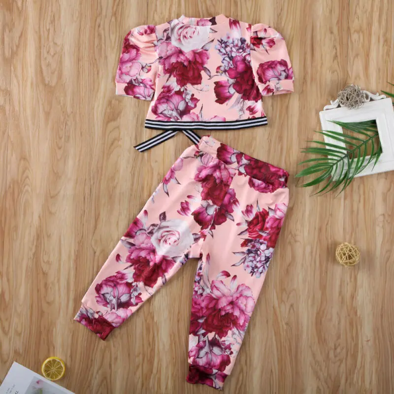Детский спортивный костюм с цветами для девочек летняя одежда Пышный рукав бант