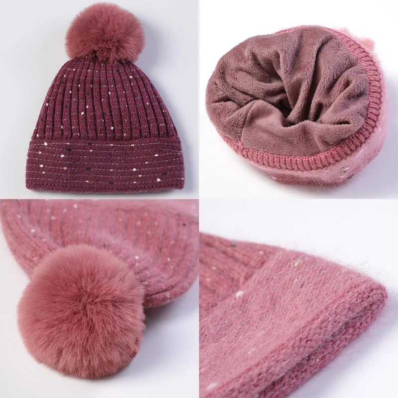 

Sparsil Autumn Winter Knitted Bonnets For Women Soft Rabbit Wool Solid Hat Thick Warm Windproof Beanies Female Caps