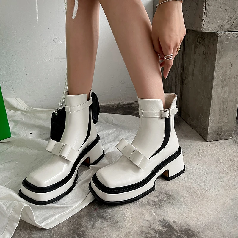 

2022 Pin Buckle Nude Boots Fashion Bow High Heel Short Boots Autumn and Winter New Square Toe Casual Women's Shoes Size 34-40