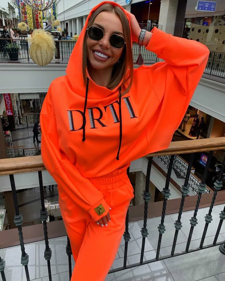 neon orange OMSJ осенний неоновый зеленый комплект из двух предметов, женские наряды на шнуровке, однотонный оранжевый повседневный костюм, женская одежда, укороченный топ и штаны, спортивный костюм - Цвет: neon orange