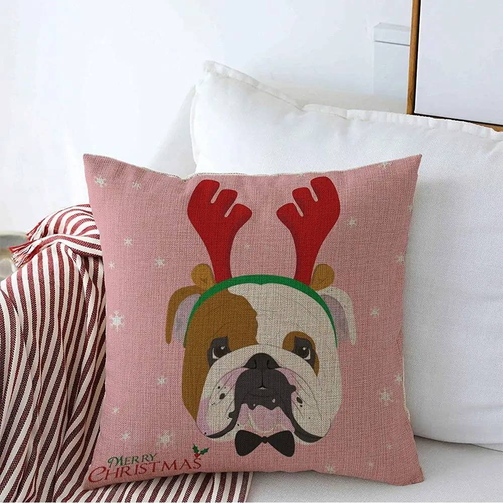 

Mmordowr Decorative Throw Pillow Cover Square Pillowcase Linen Christmas Celebration Greeting English Bulldog Dog Canine Animals