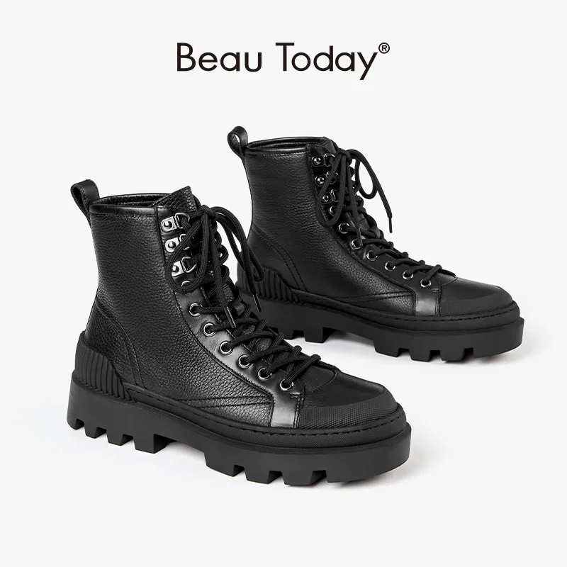 

BeauToday Ankle Boots Women Cow Leather Lace Up Round Toe Triangular Eyelets Lady Work Safty Shoes Handmade 04433