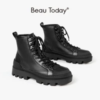 beautoday ankle boots women cow leather lace up round toe triangular eyelets lady work safty shoes handmade 04433