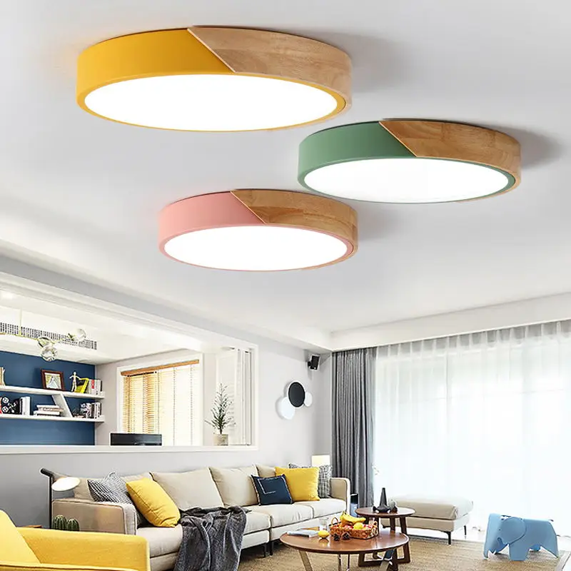 

Modern Nordic led makaron ceiling lamp wooden round lamp household living room bedroom study simple corridor lamp