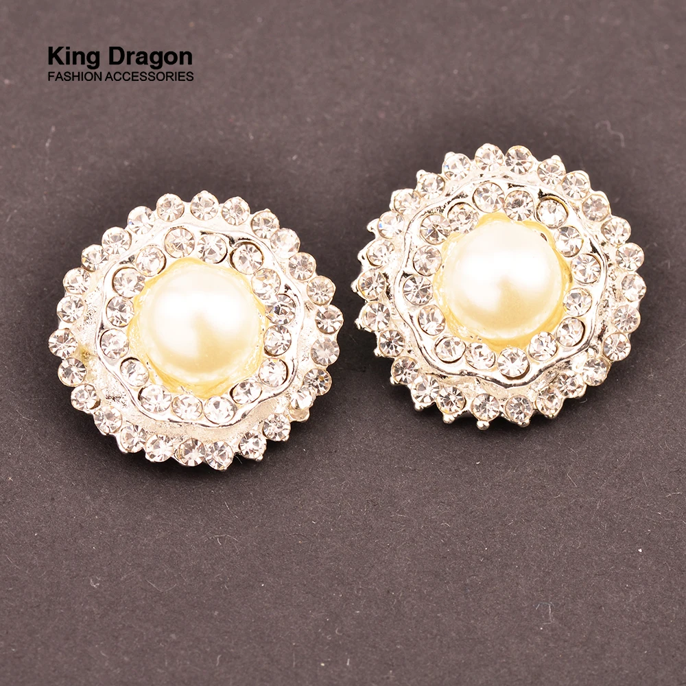 Новинка - пуговицы с ринестонами и жемчугом, используемые для декора или свадьбы, с ножкой, 25мм, 5 штук/лот, цвет серебра, KD443.