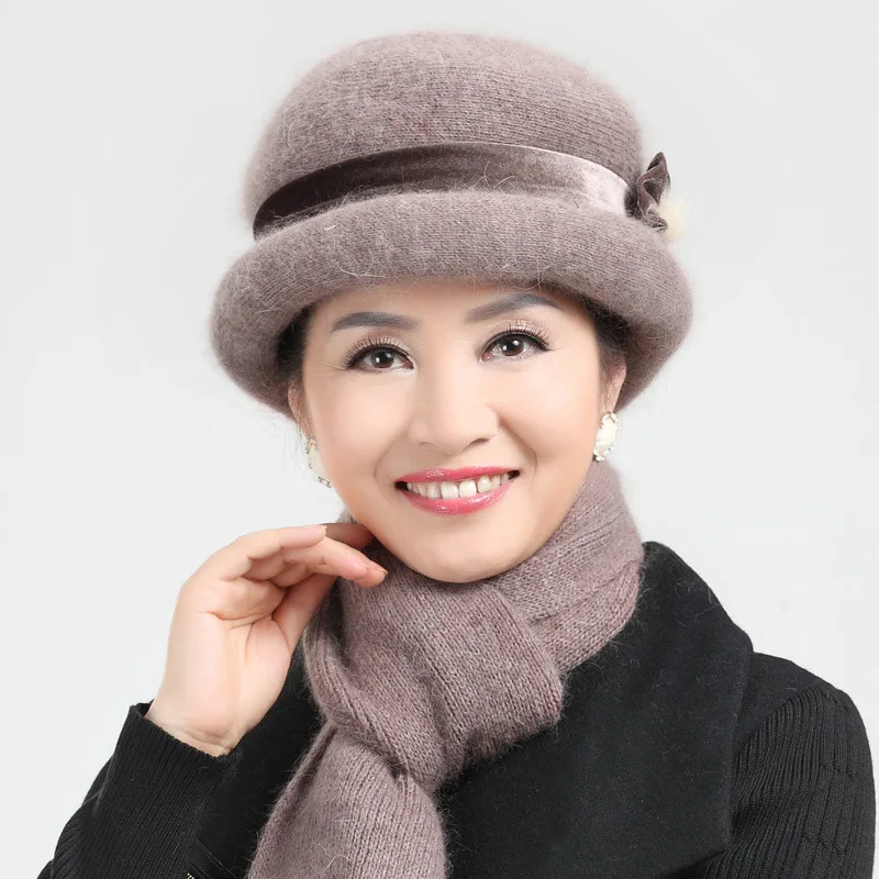 

Толстая вязаная шапка 2021, шапка из кроличьего меха для пожилых женщин, осенне-зимние шапки для пожилых женщин, теплая шапка и шарф для матере...
