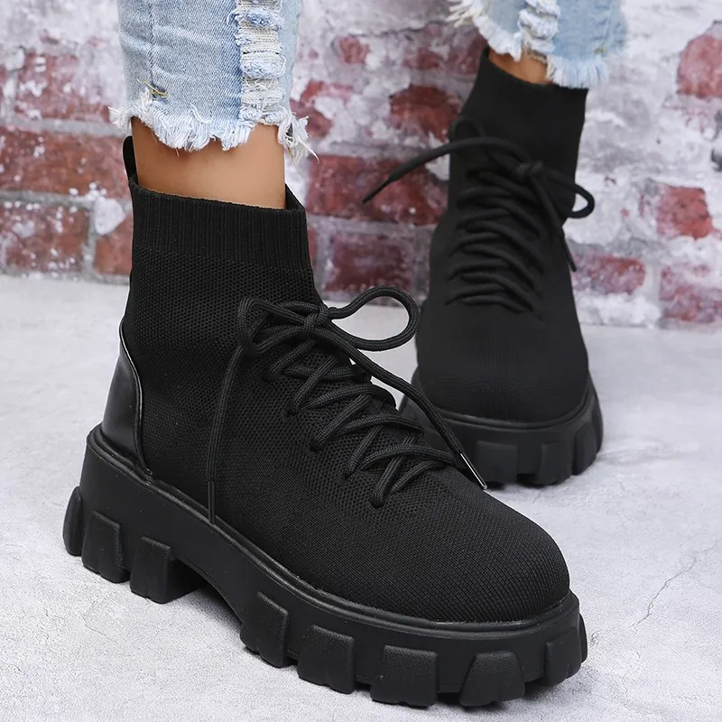 

Autumn New Socks Shoes Woman Stretch Fabric Mid-Calf Casual Platform Boots Net Red Knitted Short Boots Women Plus Size Booties