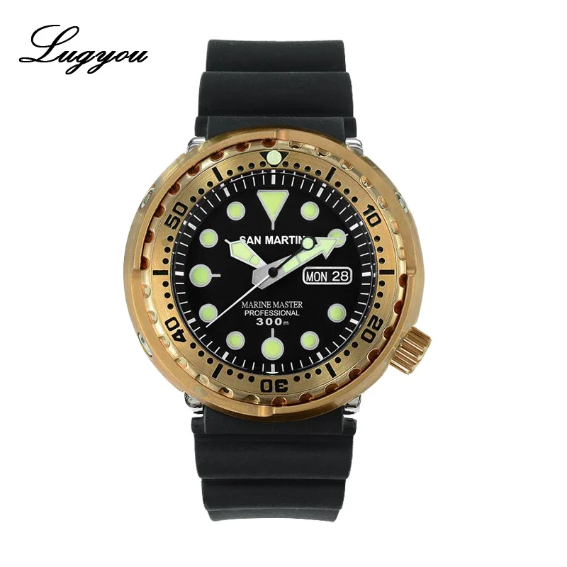 Механические Мужские часы Lugyou San Martin Tuna SBBN015 бронзовые резиновые черные