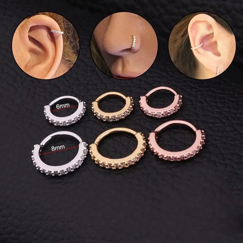 

6/8/10mm Nose Thin Hoop Helix Cartilage Earring 1PC Copper Zircon Stone Nose Piercing Rook Tragus Ring Ear Piercing Jewelry
