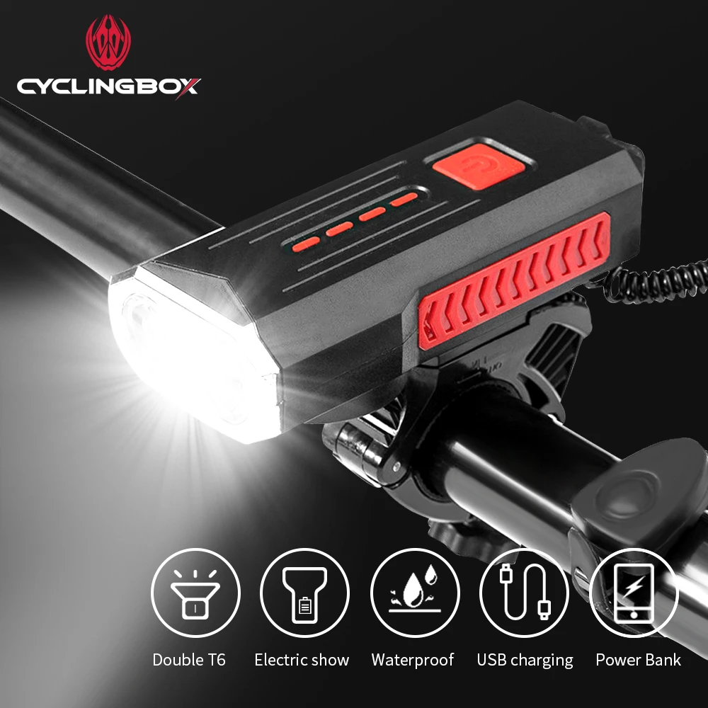 

CyclingBOX Велосипедная фара для горного велосипеда, вращение на 360 °, портативный фонарик с USB-зарядкой, Диапазон 200 м, многофункциональный гудок,...