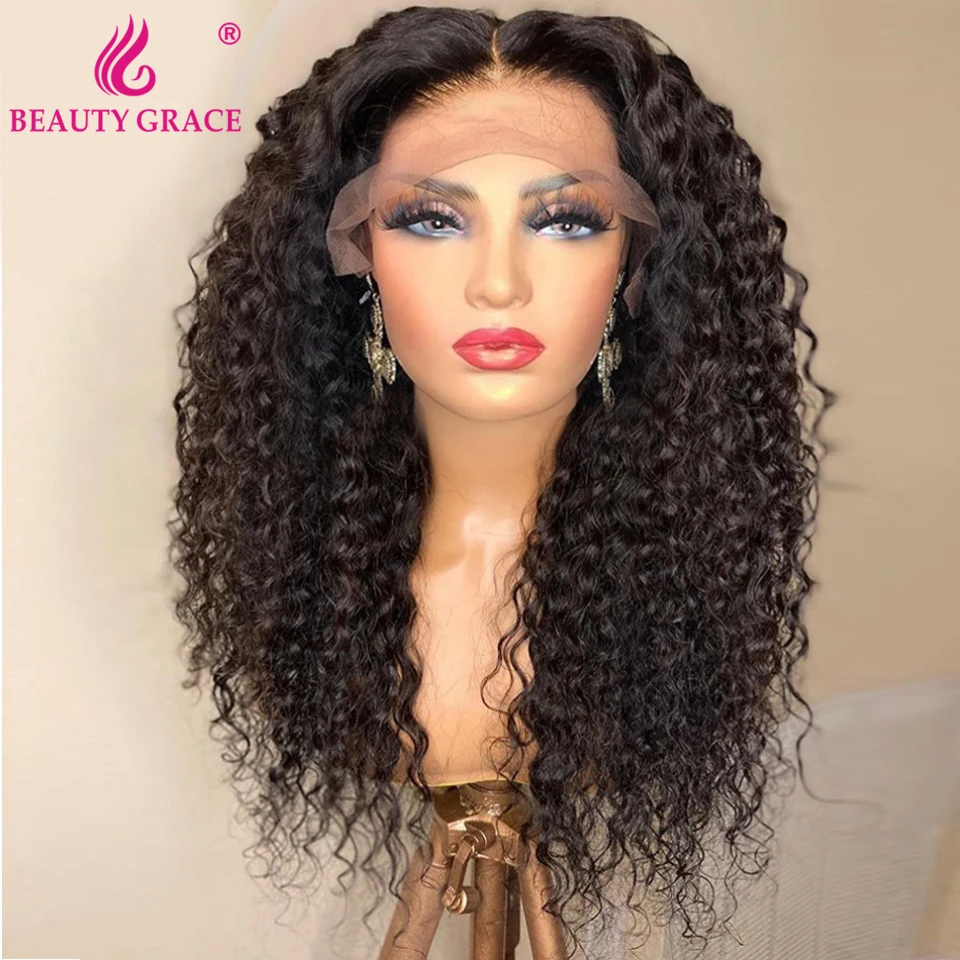 Glueless 30 Inch Deep Curly Lace Front Wig Afro Kinky Curly Human Hair Wig Wavy And Wet 13X4 Lace Frontal Closure Wigs For Women