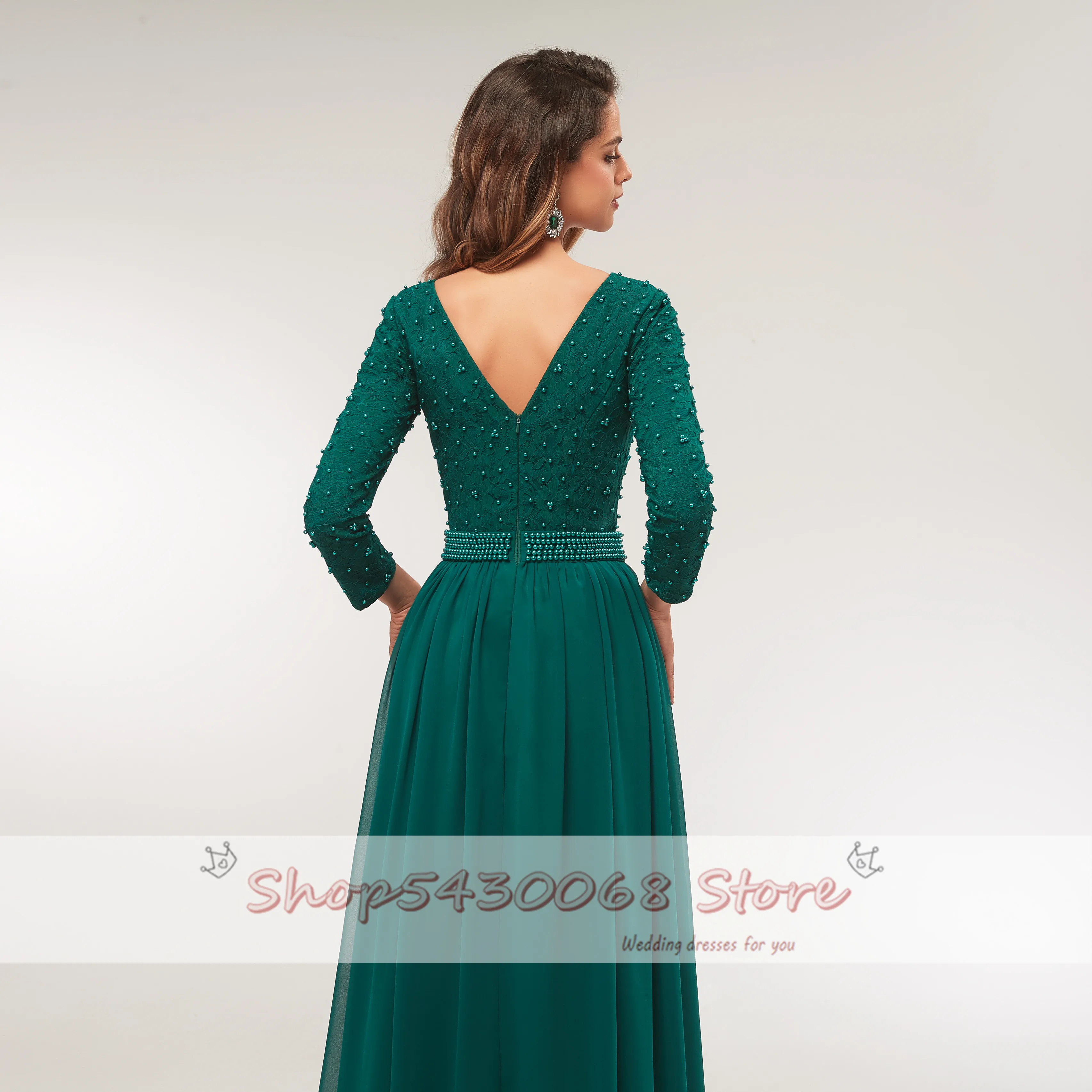 

Plus Size Mother of the Bride Dress for Wedding Party Dark Green Long Sleeve Chiffon Ladies Formal Evening Prom Gowns