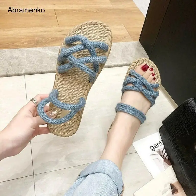 

Linen Woven Hemp Rope Sandals Beach Slippers Women Flat Shoes Woman Summer Handmade Straw Sandals Women Footwear Size 35-40