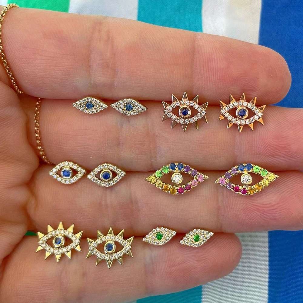 

2021 New Trendy Colorful CZ Zircon Evil Eye Small Stud Earrings for Women Fashion MIni Gold Copper Eye Shape Earrings Jewelry
