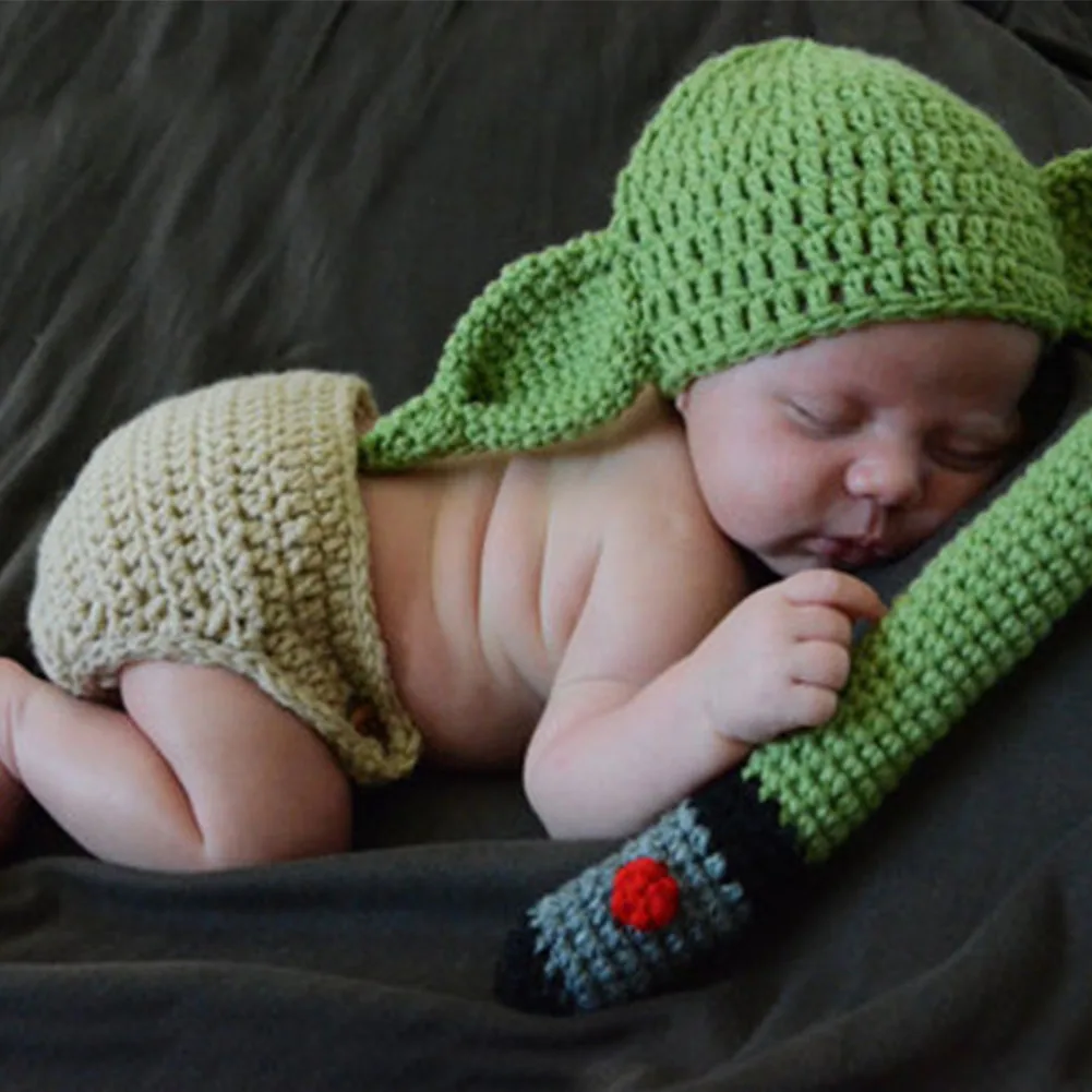 Handmade Shower Gift Soft Crochet Knit Photography Prop Yoda Hat Baby Costume Set Cute Clothing Diaper Cover Outfits Cartoon