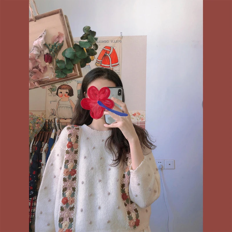 Pullover Sweater Women Japanese Mori Vintage Sweet Gentle Small Fresh Handmade Crochet Froal Sweater Girl Jumper Tops Student
