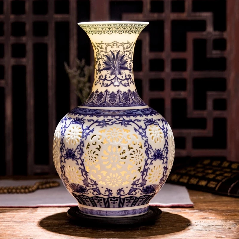 

Jingdezhen Hollow Ceramic Vase Chinese Blue And White Pierced Vase Living Room Decoration Porcelain Flower Vase