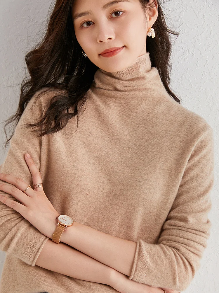 

100% Wool Turtleneck Sweater Semi-worsted Lacework Collar Cuff Women's Jumper Pure Wool Pullover Full Sleeve 2020 New Soft Color
