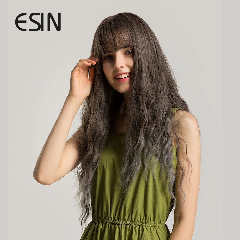 ESIN серая корня Омбре светильник серый длинный волнистый парик с челкой косплей