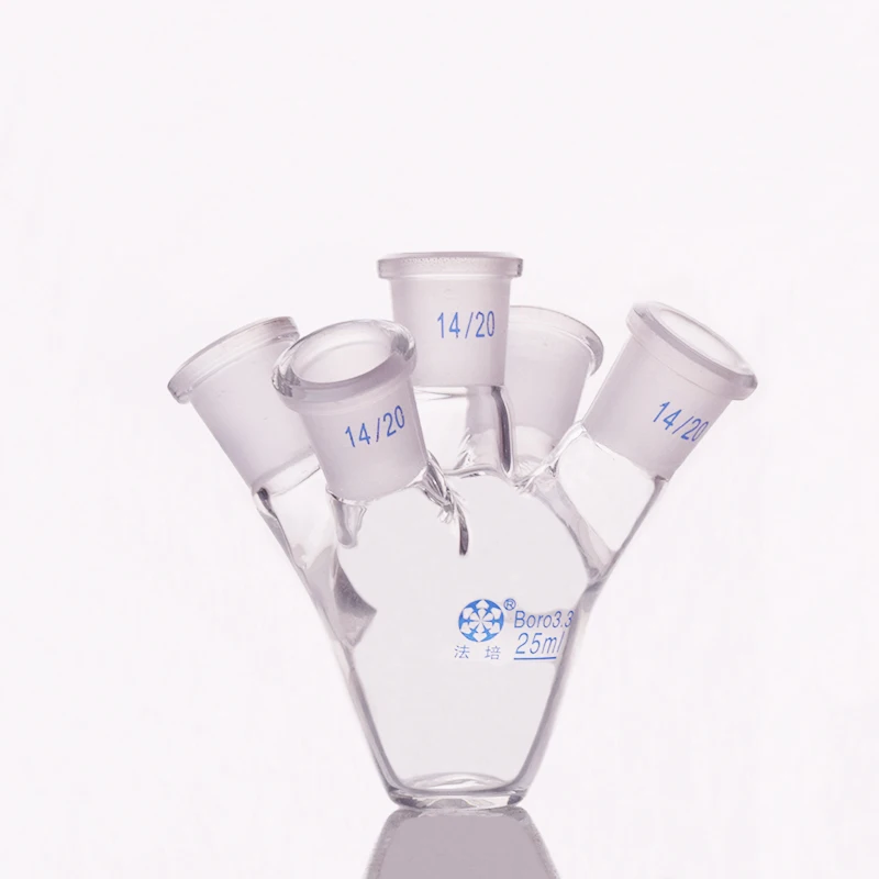 Фляга с пятью шейками и плоским дном объем 25 мл шарнирная 14/20 фляжки в форме