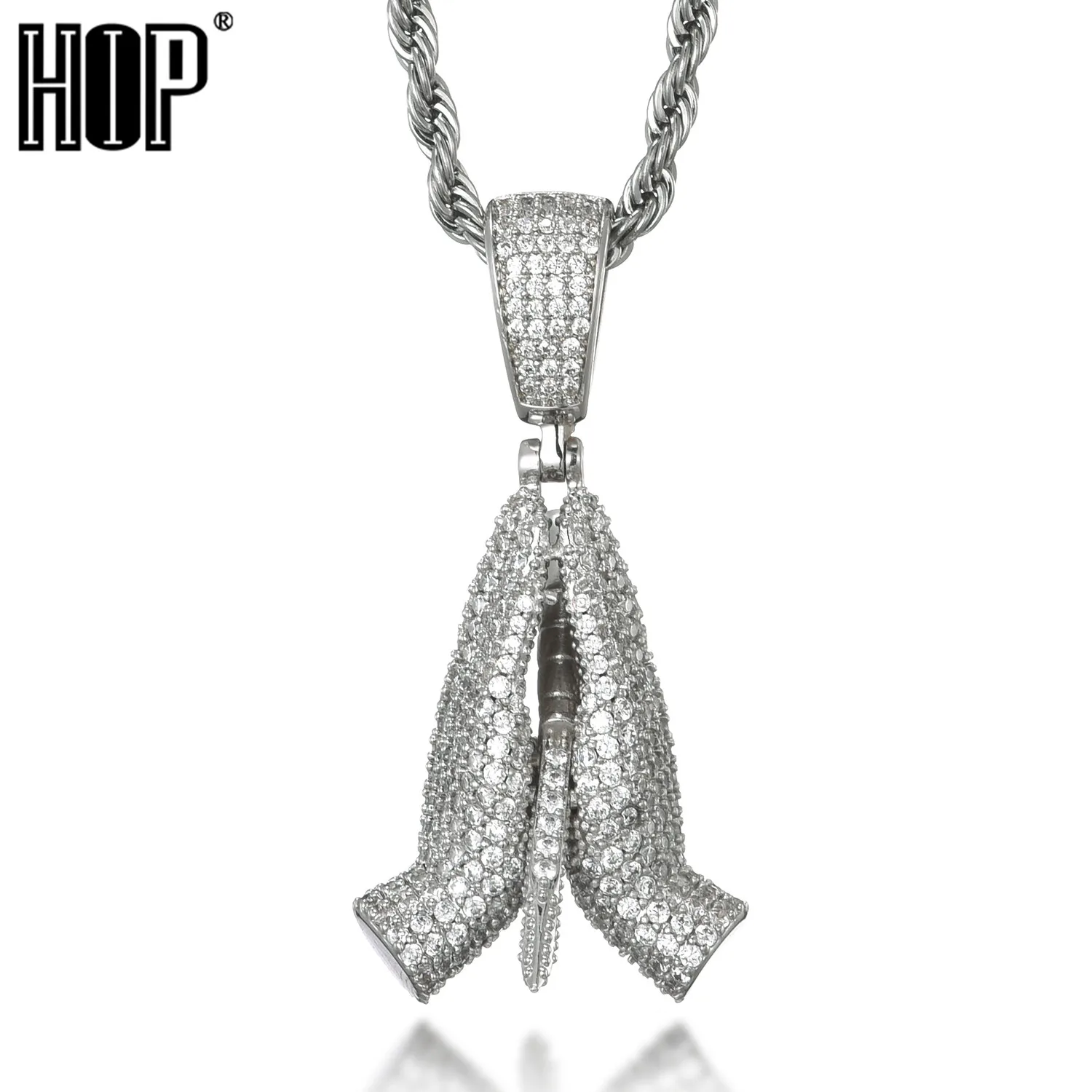 

Praying Hands Pendent Bling Iced Out CZ Cubic Zirconia Gold Sliver Color With Cuban Chain Necklace For Men Women Hip Hop Jewelry