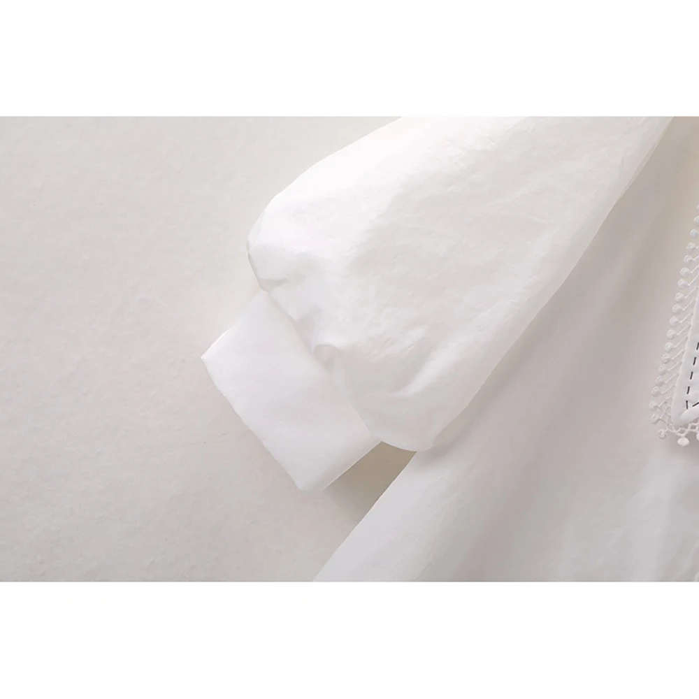 

Fashion Elegant Tassel Short Sleeve White Women Blouses Doll Collar Straight Baggy Loose Puff Sleeve Thin Shirts Summer Tops