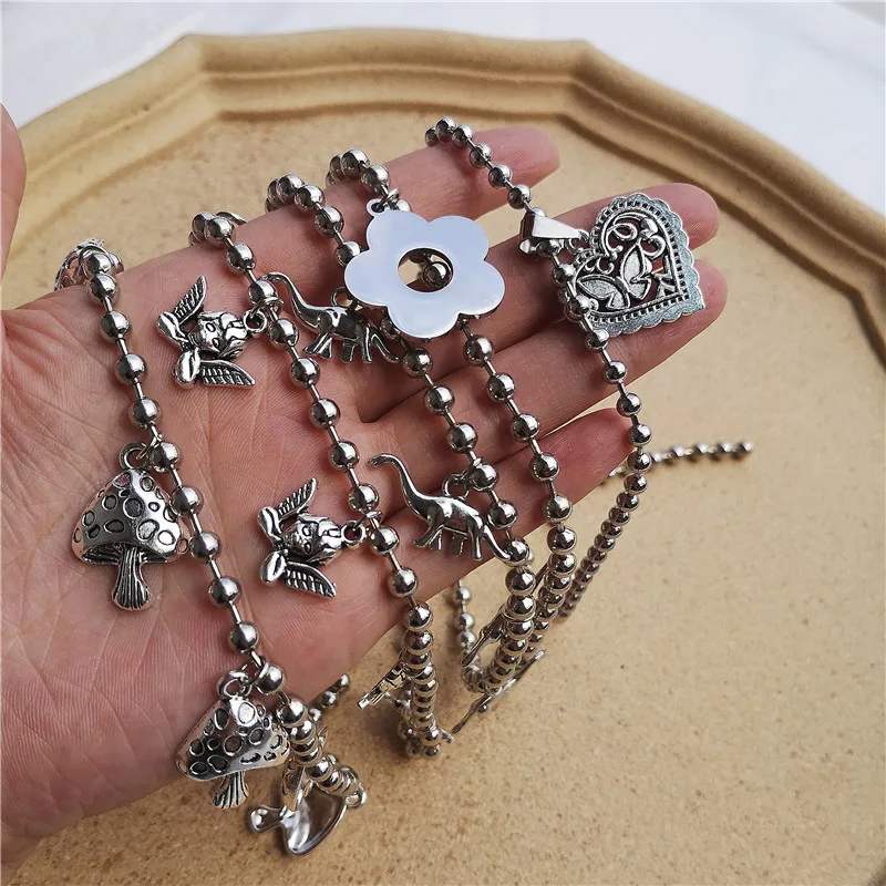 

Kpop Harajuku Stainless Steel Heart Angel Mushroom Beads Chain Choker Necklaces For Women Collar Goth Aesthetic Trendy Jewelry
