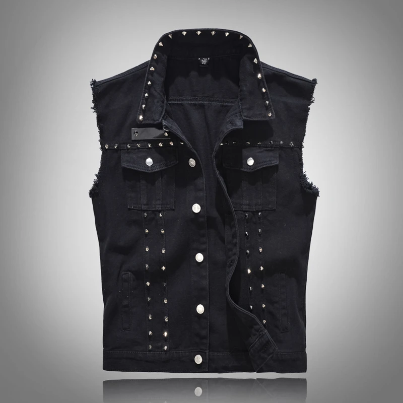 

New 2021 Denim Vest Men Punk Rock Rivet Cowboy Black Jeans Waistcoat Fashion Men Casual Motorcycle Style Sleeveless Jeans Jacket
